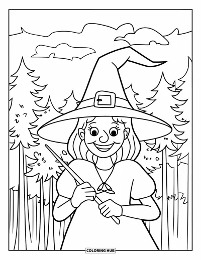 Coloriage de sorcière pour enfants : Une sorcière joyeuse avec une baguette se tient tranquillement sous les grands arbres de la forêt