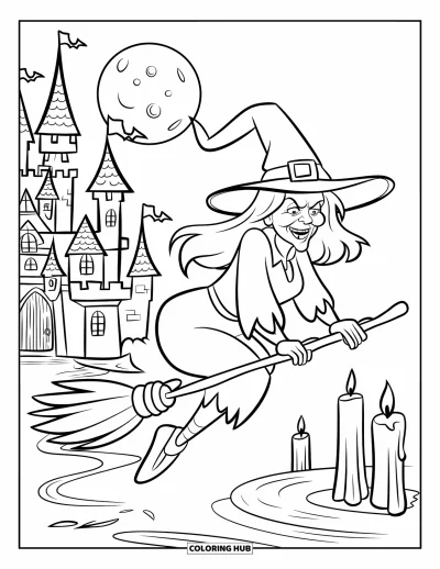 Coloriage de sorcière pour enfants : Une sorcière inquiétante vole près d'un château hanté sous la lumière de la pleine lune