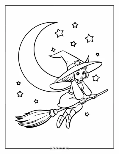 Coloriage de sorcière pour enfants : Une adorable sorcière vole sur son balai sous les étoiles et un croissant de lune