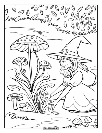 Coloriage de sorcière pour enfants : Une sorcière jardinière ajoute des fleurs magiques près de champignons et d'un chemin sinueux