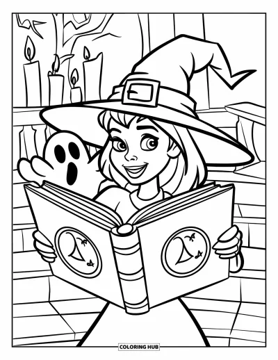 Coloriage de sorcière pour enfants : Un fantôme passe la tête derrière une sorcière tenant un immense grimoire près d'un manoir