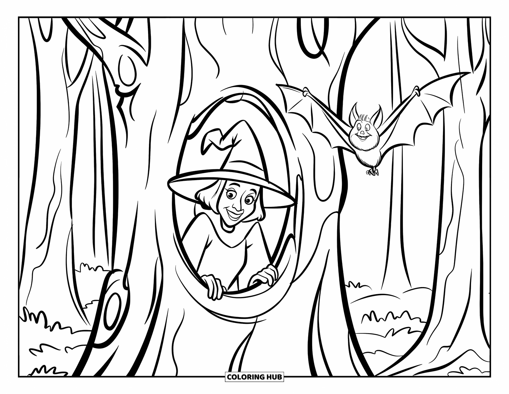 Witch Coloring Page for Kids: A green-dressed witch looks out from a tree hole as a bat flies by