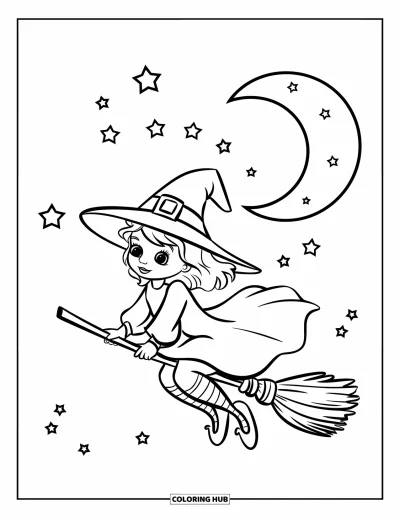 Coloriage de sorcière pour enfants : Une sorcière heureuse vole sous un croissant de lune entouré d'étoiles scintillantes