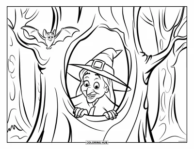 Coloriage de sorcière pour enfants : Une sorcière au long nez passe la tête derrière un arbre tandis qu'une chauve-souris tourne au-dessus