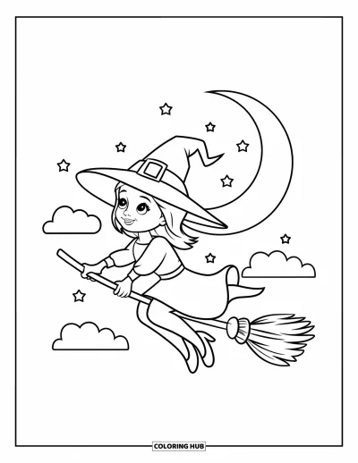 Coloriage de sorcière pour enfants : Une sorcière espiègle s'élance dans le ciel nocturne avec un croissant de lune et des étoiles