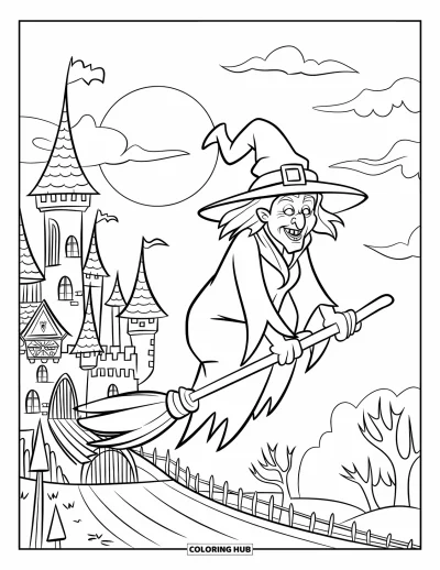 Coloriage de sorcière pour enfants : Une sorcière effrayante vole près d'un château et d'arbres sous un ciel nuageux éclairé par la lune