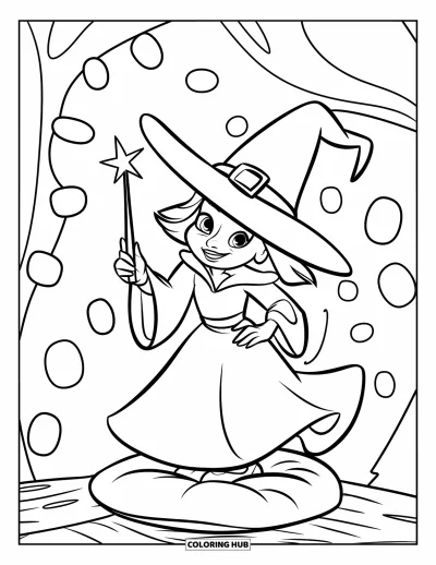 Coloriage de sorcière pour enfants : Une sorcière souriante se tient sur un coussin avec de petits objets ronds éparpillés autour d'elle