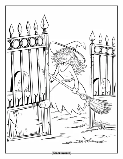 Coloriage de sorcière pour enfants : Une sorcière aux cheveux sauvages flotte près des grilles rouillées d'un cimetière sous le clair de lune
