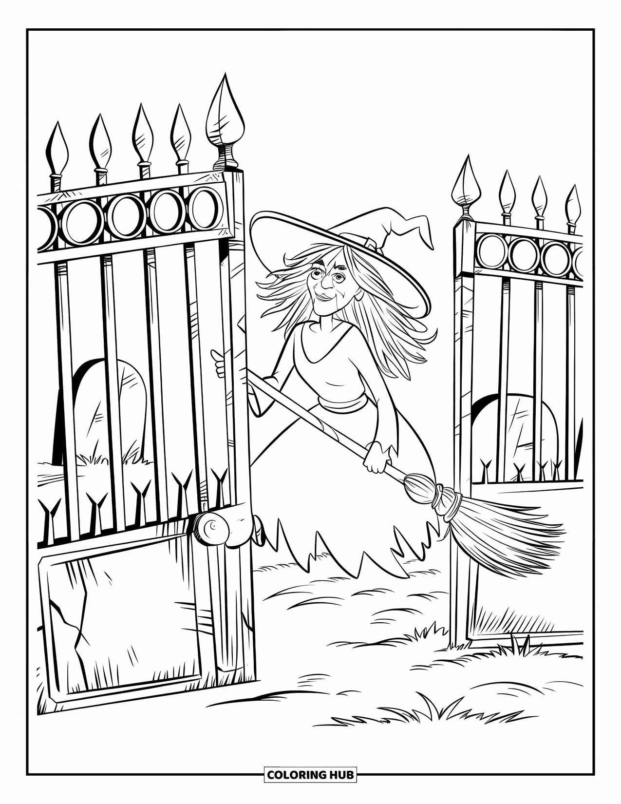 Witch Coloring Page for Kids: A wild-haired witch hovers near rusty graveyard gates under the moonlight