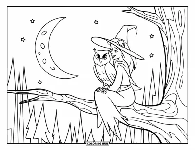 Coloriage de sorcière pour enfants : Une sorcière et son hibou perchés sur une branche contemplent la pleine lune