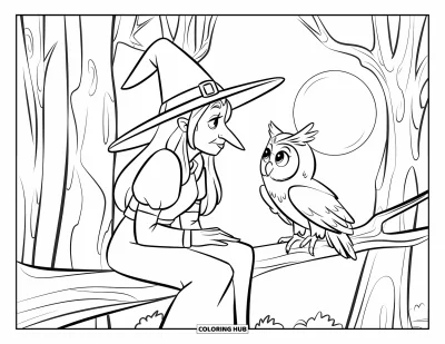 Coloriage de sorcière pour enfants : Une sorcière et son hibou coiffé d'un petit chapeau contemplent la lune depuis une haute branche