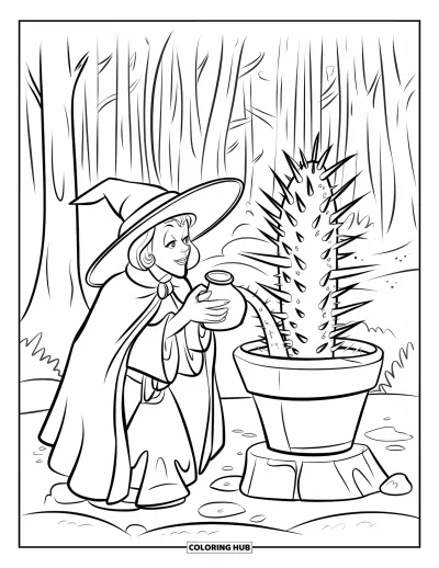 Coloriage de sorcière pour enfants : Une sorcière nourrit une plante épineuse avec une potion tout en se tenant près de grands arbres