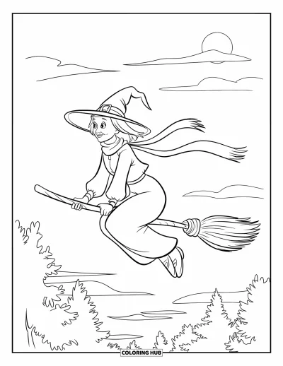 Coloriage de sorcière pour enfants : Une sorcière vole au-dessus des arbres tandis que le soleil se couche derrière la forêt