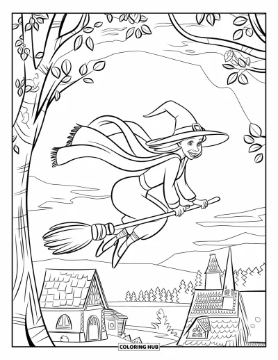 Coloriage de sorcière pour enfants : Une sorcière vole au-dessus des arbres et des toits tandis que le ciel du soir brille de couleurs