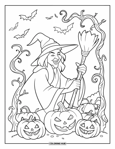 Coloriage de sorcière pour enfants : Une sorcière ricane près de citrouilles à dents pointues sous un ciel rempli de chauves-souris