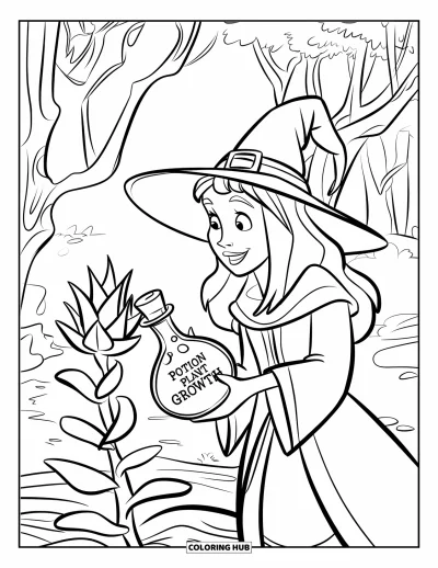 Coloriage de sorcière pour enfants : Une sorcière aide une plante épineuse à pousser grâce à une potion préparée juste pour elle