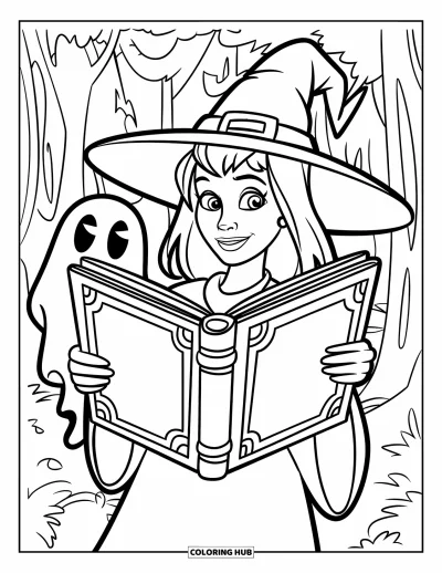 Coloriage de sorcière pour enfants : Une sorcière tient un grand grimoire tandis qu'un fantôme souriant apparaît derrière elle