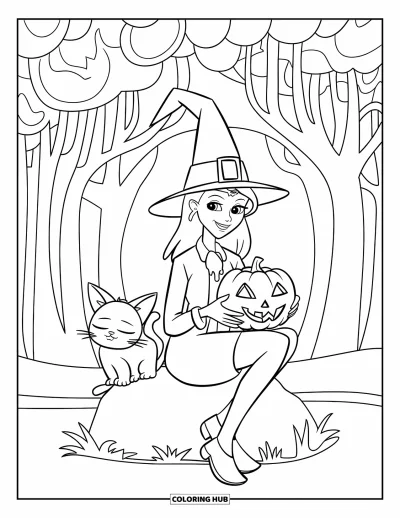 Coloriage de sorcière pour enfants : Une sorcière tient une citrouille assise près de son chat qui sommeille dans la forêt