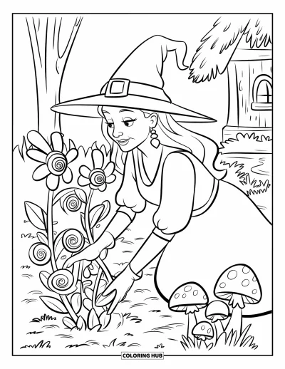 Coloriage de sorcière pour enfants : Une sorcière s'agenouille dans son jardin pour planter des fleurs tourbillonnantes près de son chalet