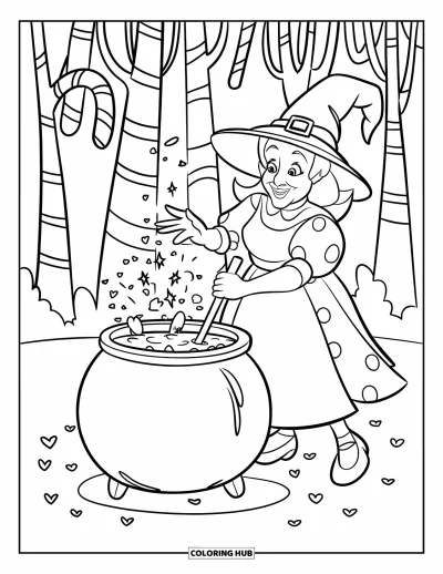 Coloriage de sorcière pour enfants : Une sorcière mélange une potion pétillante dans une forêt de cannes en sucre d'orge pleine de cœurs flottants