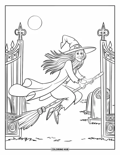 Coloriage de sorcière pour enfants : Une sorcière sur un balai fêlé flotte près de vieux portails de cimetière lors d'une nuit brumeuse