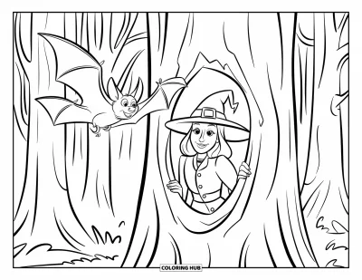 Coloriage de sorcière pour enfants : Une sorcière passe la tête hors d'un arbre creux avec une chauve-souris qui vole au-dessus