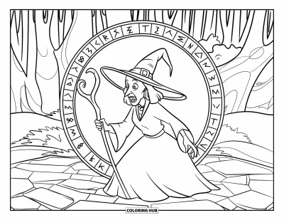 Coloriage de sorcière pour enfants : Une sorcière réalise un sort près d'un cercle de pierres caché au fond de la forêt