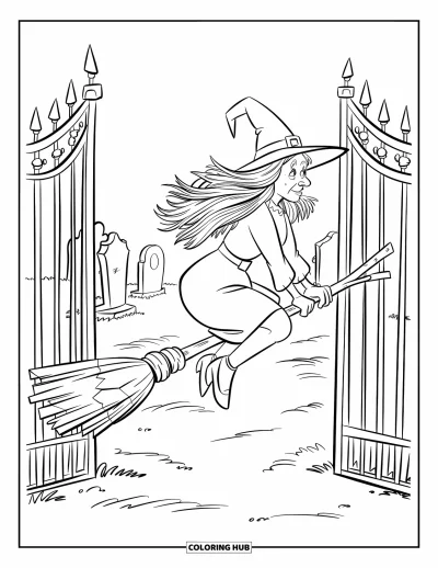 Coloriage de sorcière pour enfants : Une sorcière chevauche son balai près d'un portail de cimetière ouvert rempli de pierres tombales