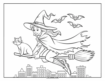 Coloriage de sorcière pour enfants : Une sorcière chevauche son balai au-dessus des toits avec un chat et des chauves-souris derrière elle