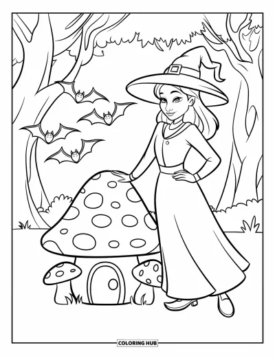 Coloriage de sorcière pour enfants : Une sorcière se tient près d'une petite maison aux champignons avec des chauves-souris qui voltigent