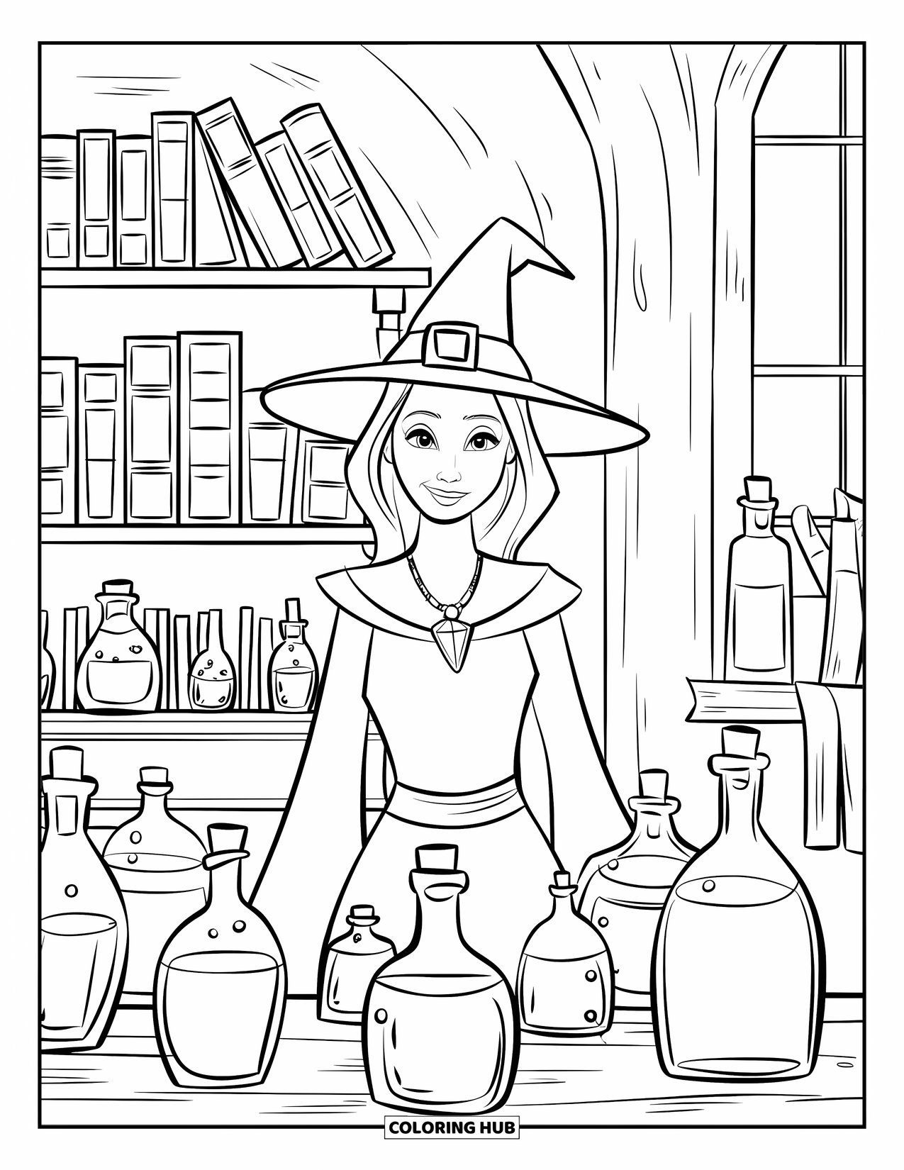 Witch Coloring Page for Kids: A witch stands by a wooden table in a dark room full of potion bottles