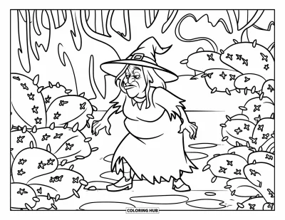 Coloriage de sorcière pour enfants : Une sorcière se tient sur un sentier de jardin plein de plantes épineuses et d'une végétation étrange