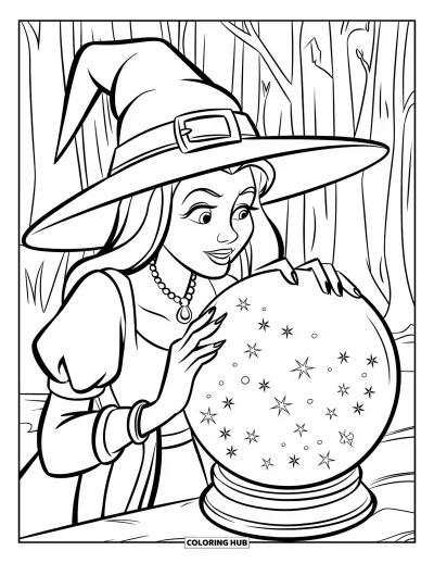 Coloriage de sorcière pour enfants : Une sorcière fixe une boule de cristal brumeuse entourée de grands arbres de forêt