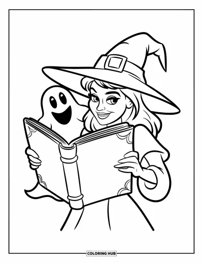 Coloriage de sorcière pour enfants : Une sorcière avec un chapeau pointu tient un livre tandis qu'un fantôme sourit derrière elle