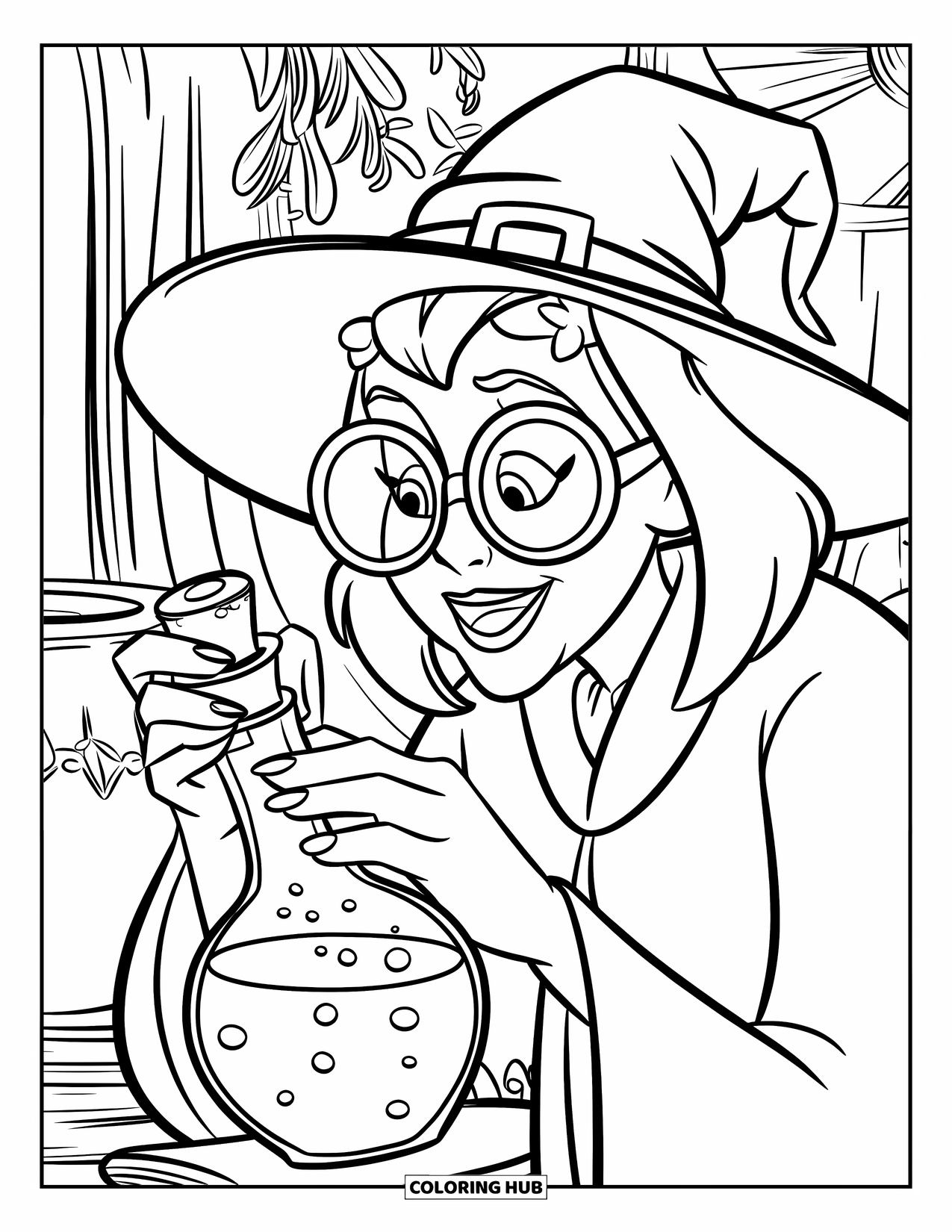 Witch Coloring Page for Kids: A witch with big round glasses studies a glowing potion in her hand