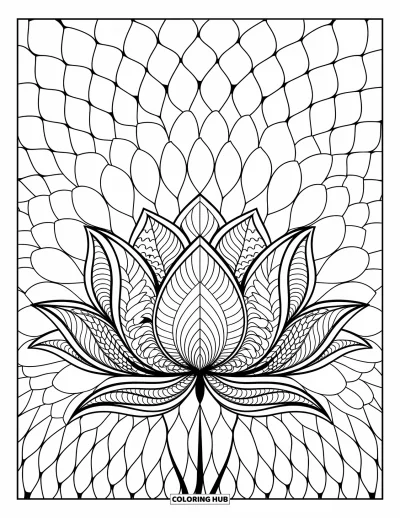 Zentangle-fargeleggingsark for voksne: En blomstrende lotus brer seg utover en bakgrunn av myke, sirkelformede linjer