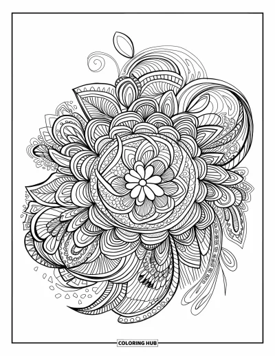 Zentangle-fargeleggingsark for voksne: En dristig mandala snirler seg med blomster- og geometriske former over hele siden