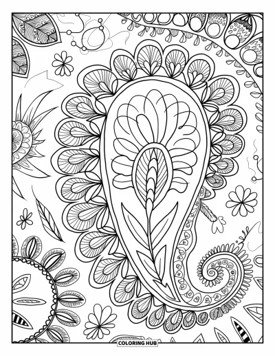 Zentangle-fargeleggingsark for voksne: En dristig paisley-form slynger seg med blomster- og geometriske mønstre gjennom hele bildet