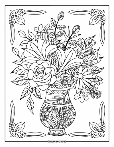 Zentangle-fargeleggingsark for voksne: En blomsterbukett hviler i en vase full av delikate bladmønstre