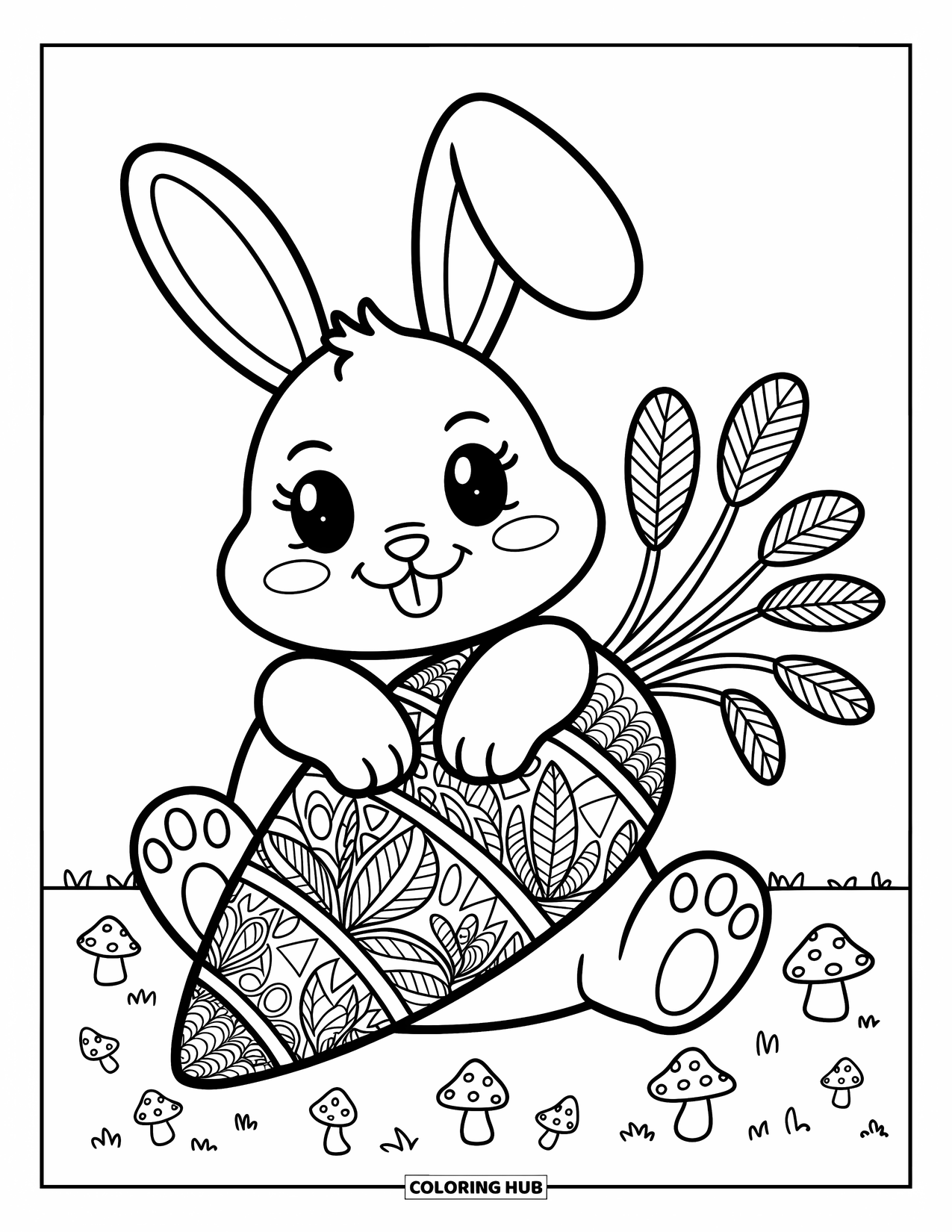 Zentangle Coloring Page for Adults: A bunny holds a giant carrot filled with floral loops and diamond shapes