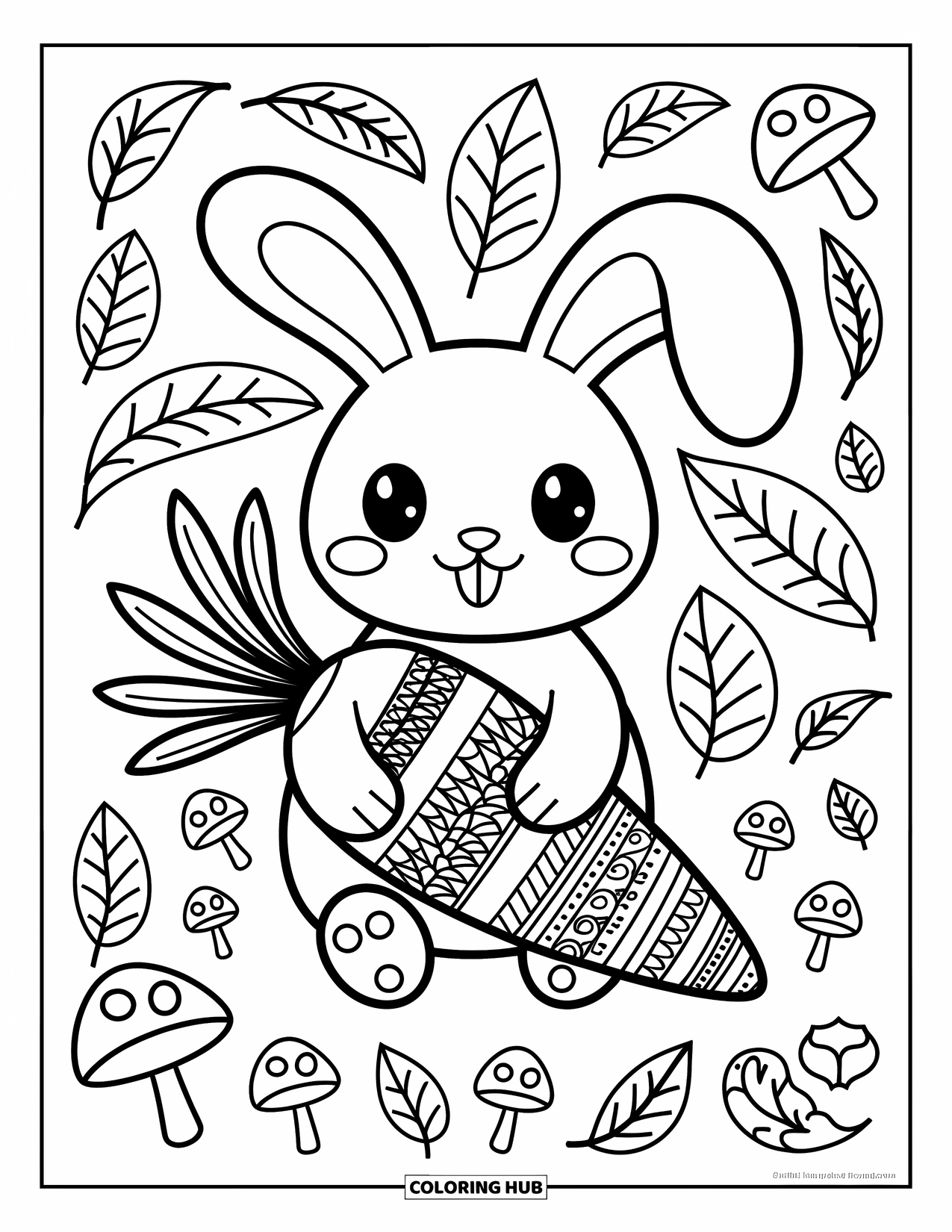 Zentangle Coloring Page for Adults: A bunny hugs a giant carrot filled with playful leaf and swirl patterns