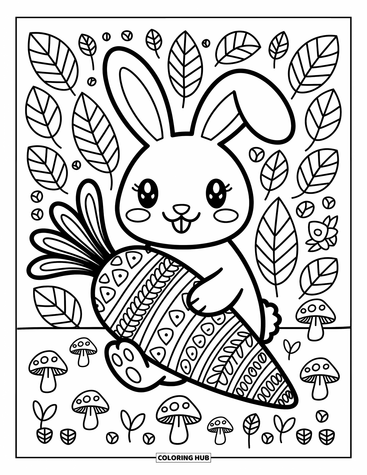 Zentangle Coloring Page for Adults: A bunny wraps its paws around a zentangle carrot in a sweet doodle scene