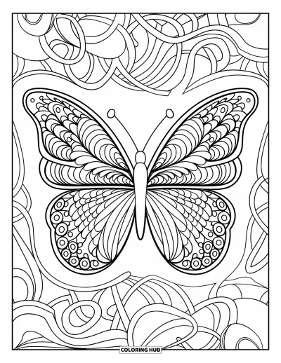 Zentangle-fargeleggingsark for voksne: En sommerfugl svever med zentangle-vinger mot en bakgrunn av buede design