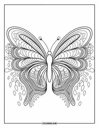 Zentangle-fargeleggingsark for voksne: En sommerfugl sprer mønstrede vinger over en side med snirklende linjer