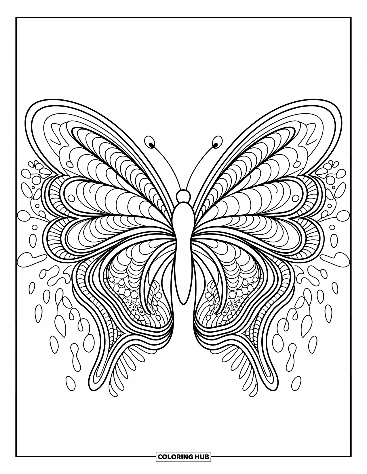 Zentangle Coloring Page for Adults: A butterfly spreads patterned wings above a page of swirling lines