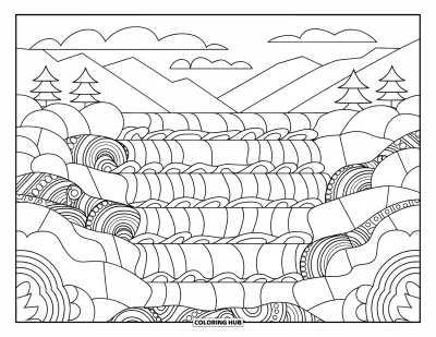 Zentangle-fargeleggingsark for voksne: Et rolig fossefall flyter gjennom snirklende linjer og mykt fjellsceneri