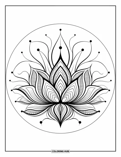 Zentangle-fargeleggingsark for voksne: En sentrert lotusblomst åpner seg med myke, detaljerte kronblad-mønstre