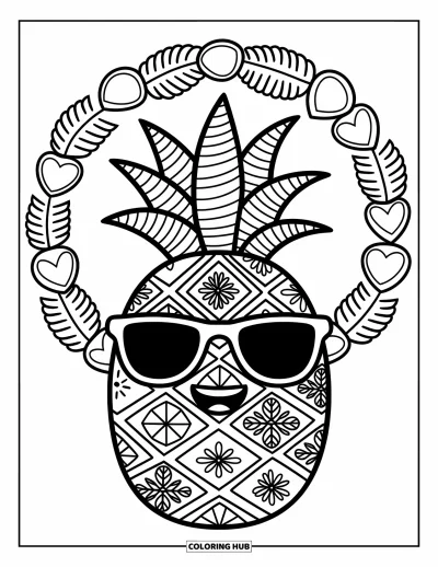 Zentangle-fargeleggingsark for voksne: En glad ananas i solbriller er innpakket i lunefulle frukt- og bladmønstre
