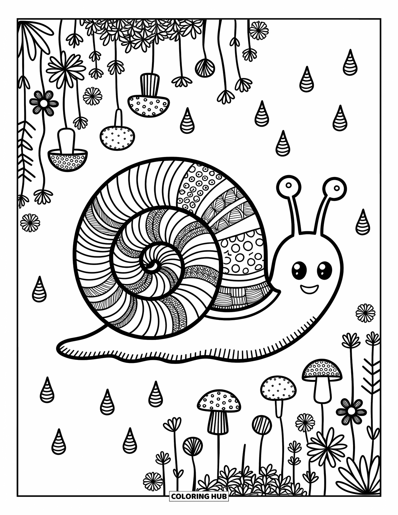 Zentangle Coloring Page for Adults: A cheerful snail moves along a path of tiny mushrooms and rain doodles