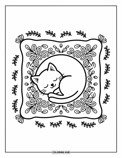 Zentangle-fargeleggingsark for voksne: En katt slapper av på en pute full av blomster- og bladspiraler